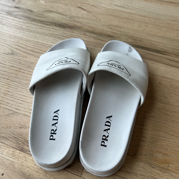 Prada White Leather Logo Slides - Picture 4 of 7